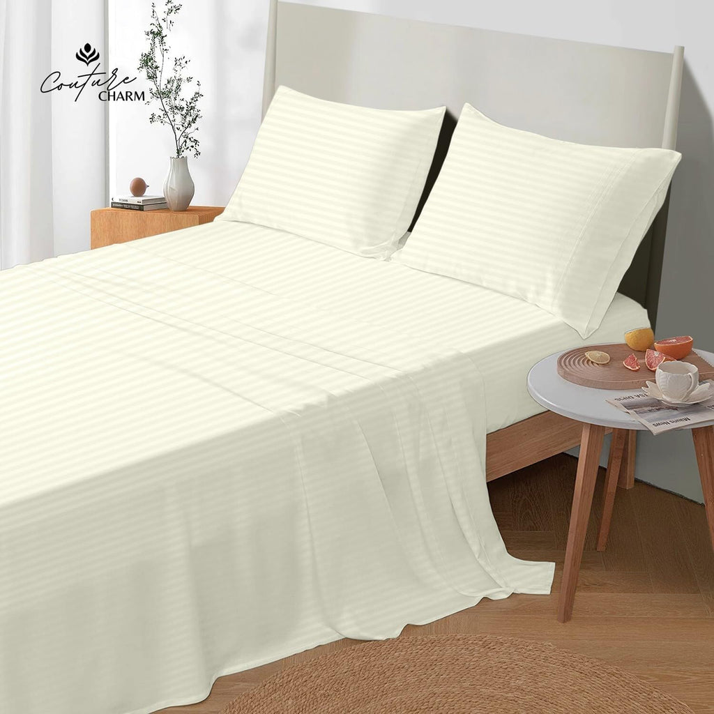 Queen Size 1000 Thread Count 100% Egyptian Cotton Sheet Set, 4-Piece, Sateen Weave, with 10-12' Deep Pocket Snug Fit (Stripe, Ivory)