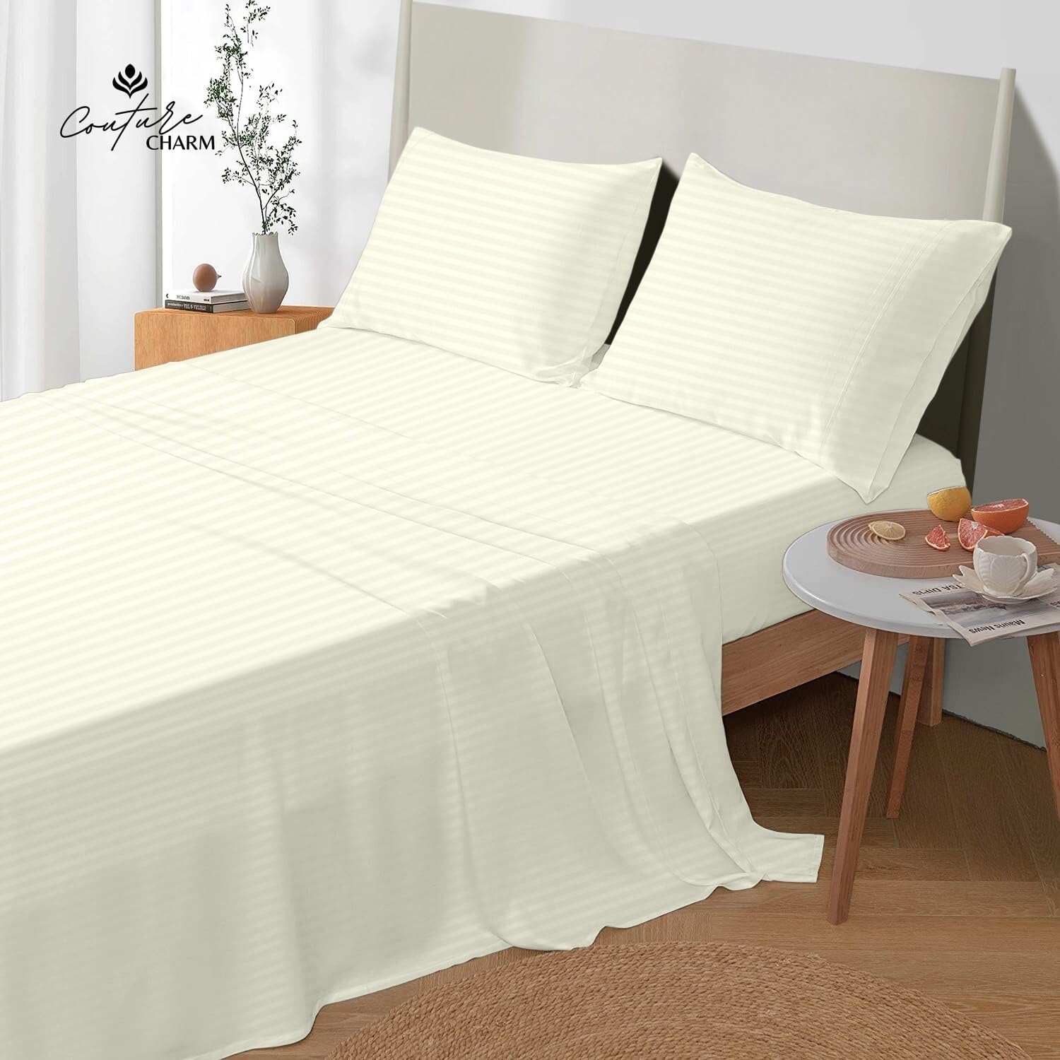 Queen Size 1000 Thread Count 100% Egyptian Cotton Sheet Set, 4-Piece, Sateen Weave, with 10-12' Deep Pocket Snug Fit (Stripe, Ivory)