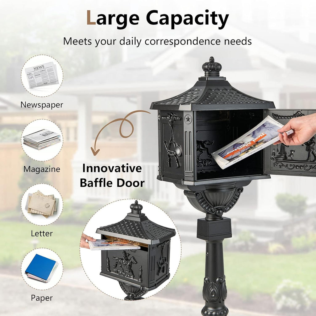 IRONMAX Mailbox for Outside, Locking Cast Aluminum Rural Security Postal Box with Keys, Heavy Duty Water-Resistant Mailbox with Post for Residential House, Black