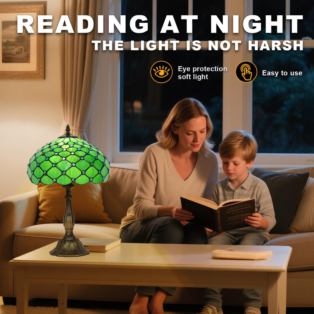 Stained Glass Table Lamp,Green Pearl Style Lamp,12X12X19 Inch Reading Light,Vintage Glass Desk Light for Living Room Bedroom