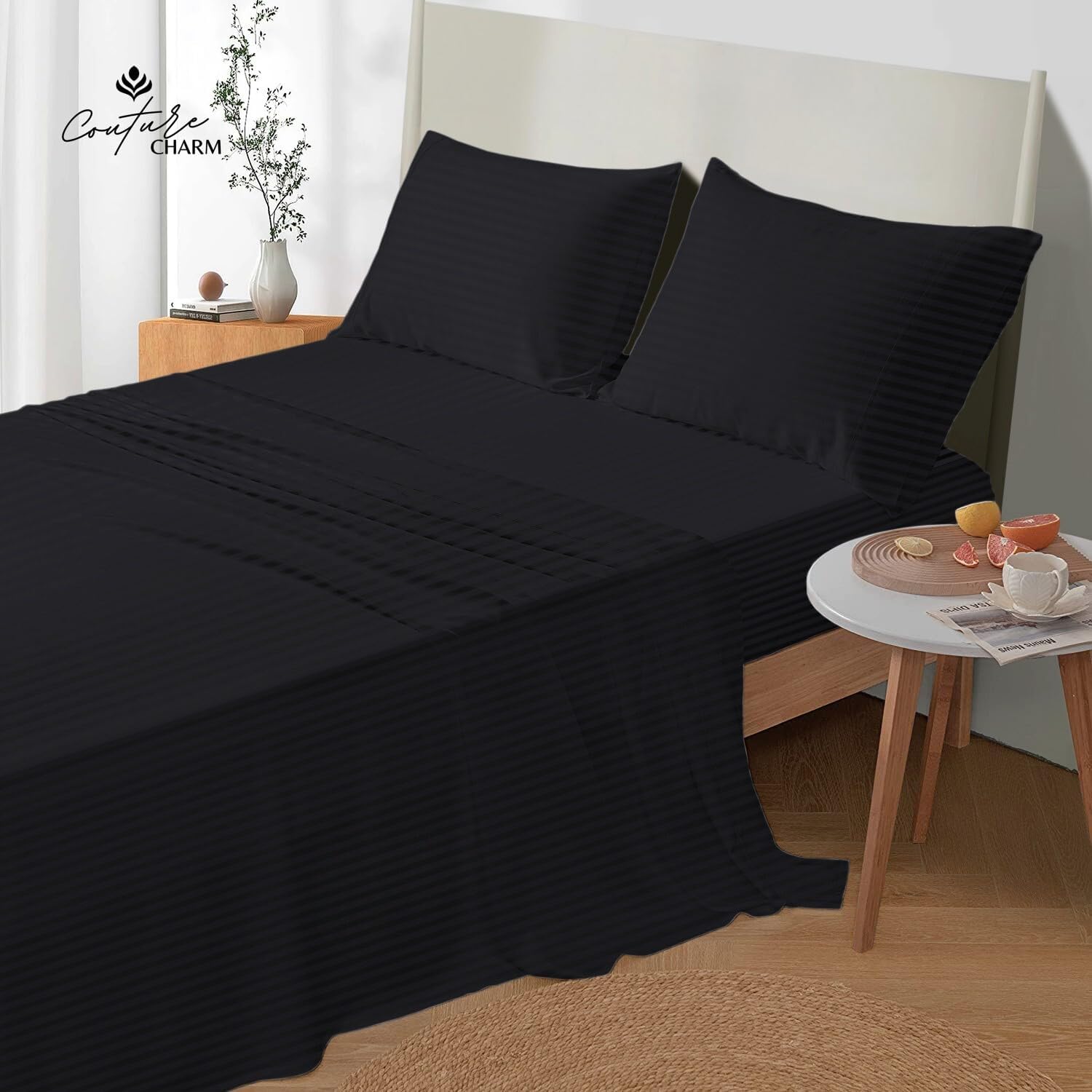 Queen Size 1000 Thread Count 100% Egyptian Cotton Sheet Set, 4-Piece, Sateen Weave, with 10-12' Deep Pocket Snug Fit (Stripe, Black)