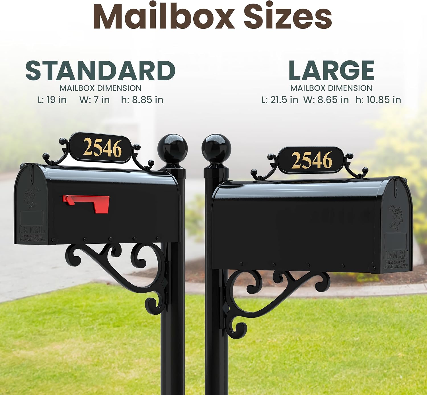 Corinthia Mailbox with Post Combo – Black Aluminum Decorative Mailbox – Includes Address Plaque, House Numbers, Ball Finial, & Hardware (Large)