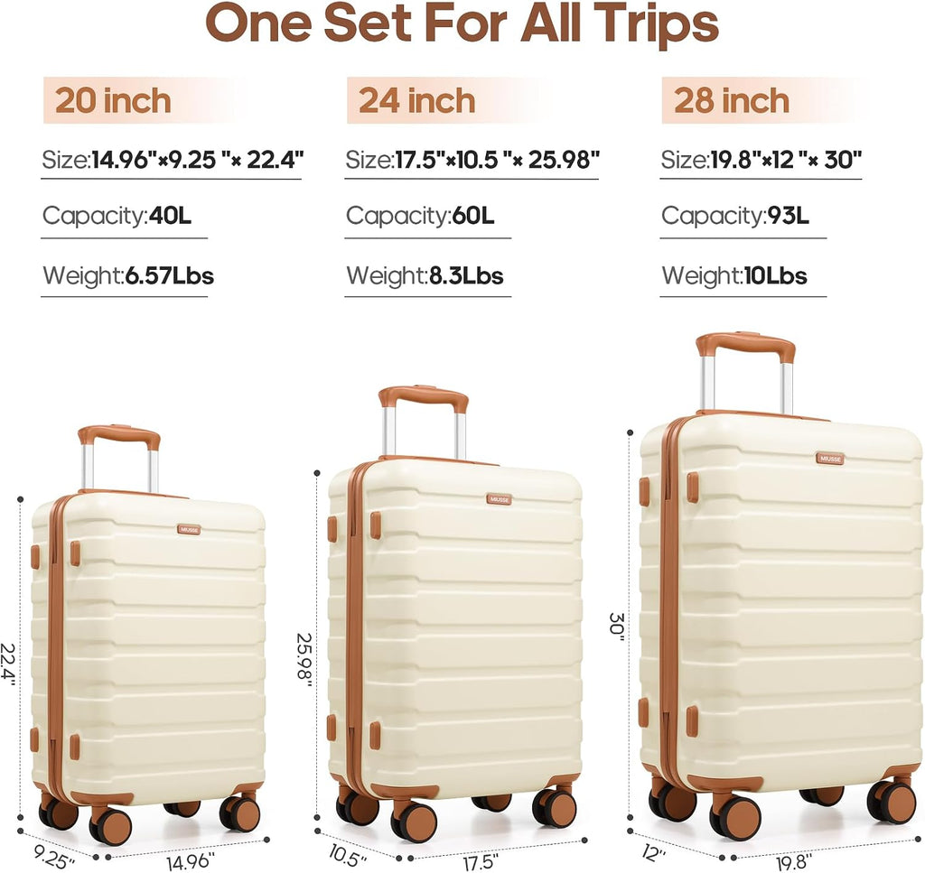Hardshell Luggage Sets 3 Piece, 20 Inch Carry On Luggage 22x14x9 Airline Approved 24 & 28 Inch Suitcase Set with TSA Lock, Durable Suitcases with Wheels for men & women, Travel and Business