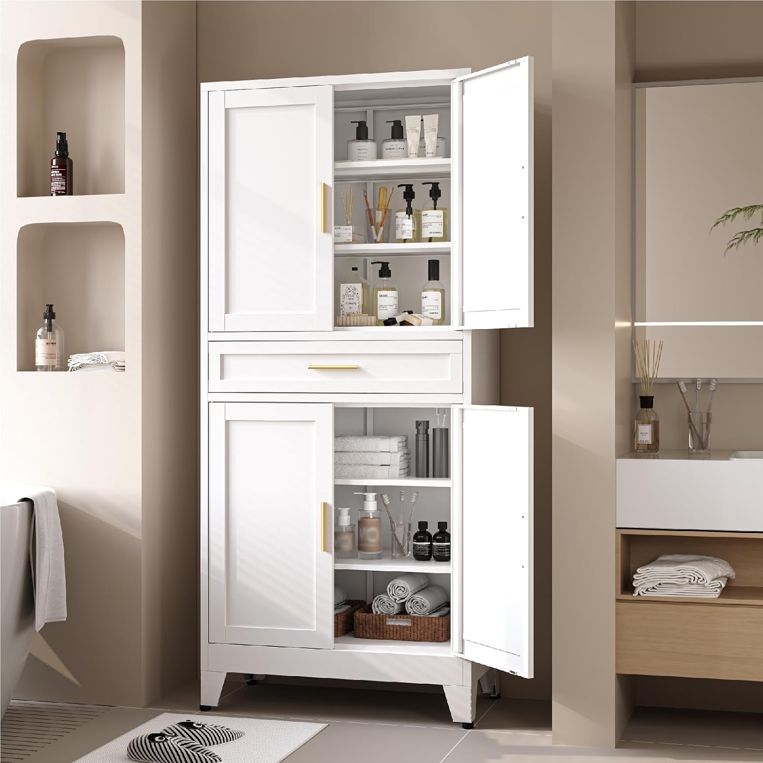 Metal Storage Cabinet, 71' Tall Kitchen Pantry Cabinets, Steel File Cabinet with 4 Doors & Adjustable Shelves and Drawer for Kitchen, Dining Room, Living Room, Bathroom