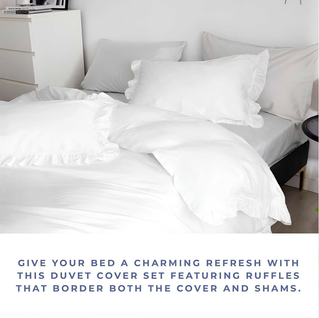 Kotton Culture 3 Pc 120'x 120' White Ruffle Trim Duvet Cover Set-Super King Plus -100% Egyptian Cotton-600 TC Frilled, Shabby Chic Bohemian-French Style- Farmhouse Decorative-Cute Comforter Cover
