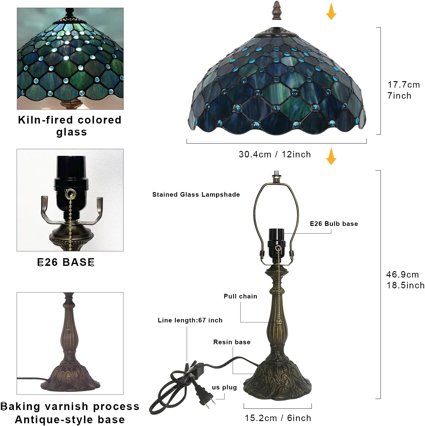 Tiffany Style Table Lamp,Sea Blue Pearl Table Lamp,12X12X19 Inch Tiffany Reading Light, Antique Glass Desk Decor Lamp.