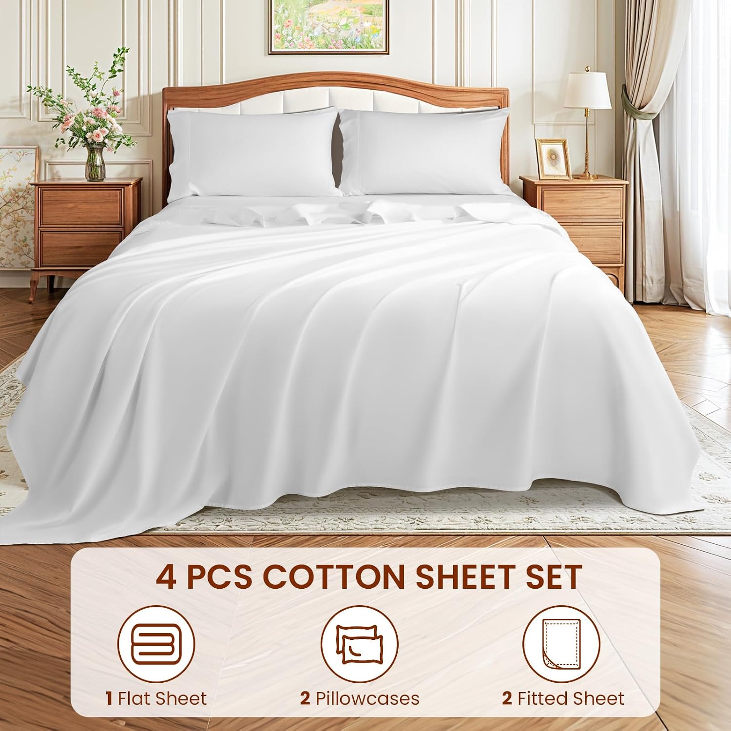 LBRO2M 1500 Thread Count Egyptian Cotton Queen Size Sheet Set (4 Piece, White, Modern Style, Deep Pocket, Fully Elasticized)