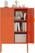 Orange Metal Storage Cabinet,2 Door TV Stand, Metal Mesh Accent Cabinet,Magnetic Door Closure,Low Storage Cabinets with Doors and Shelf for Home,Office,Living Room
