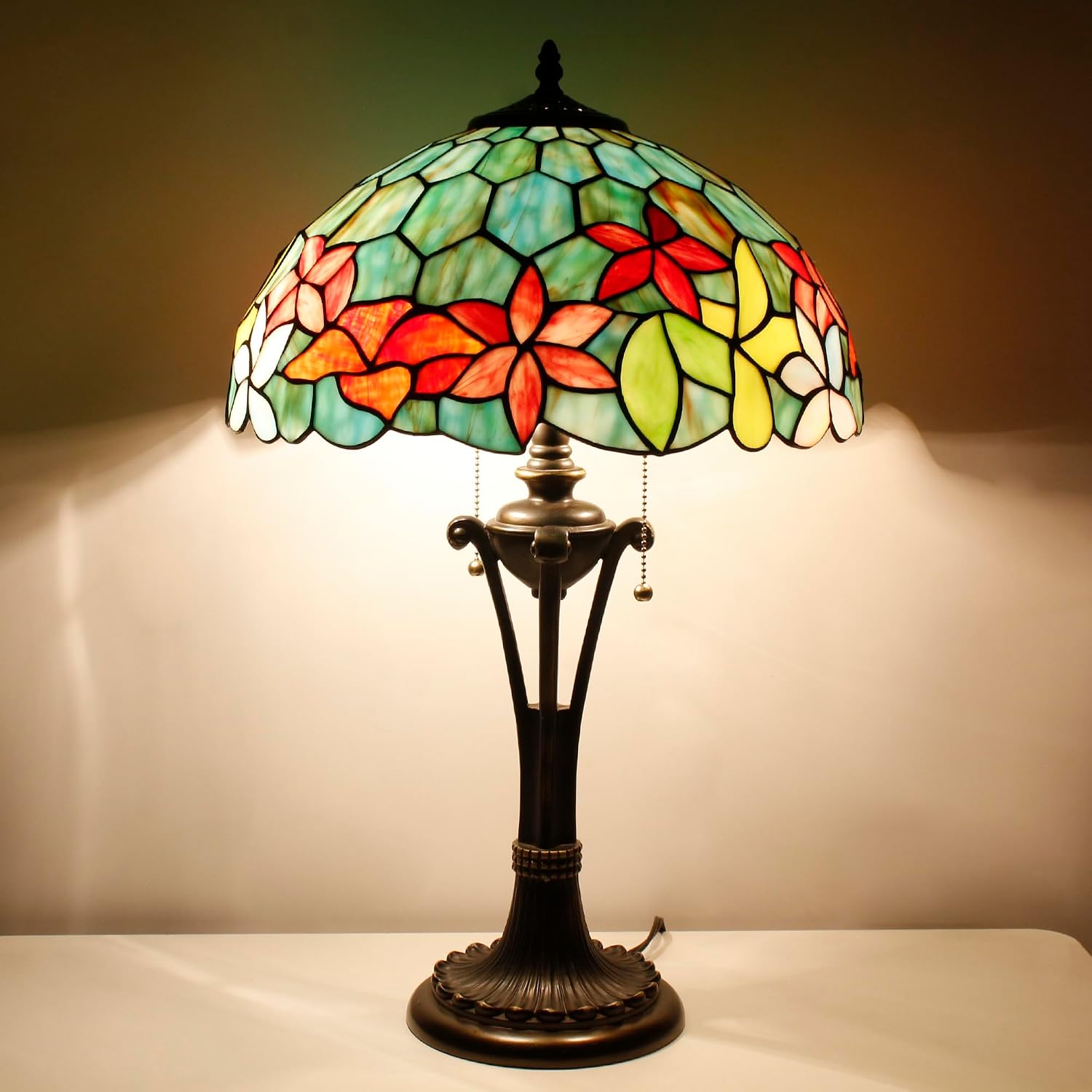 Tiffany Table Lamp Red Yellow Green Flowers Stained Glass Desk Lamp 16X16X24 Inches Reading Light
