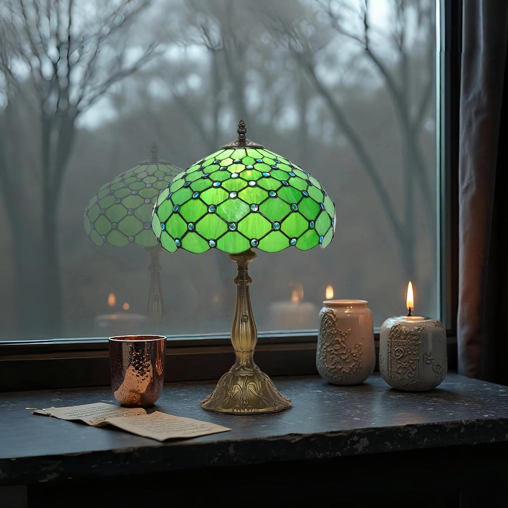 Stained Glass Table Lamp,Green Pearl Style Lamp,12X12X19 Inch Reading Light,Vintage Glass Desk Light for Living Room Bedroom