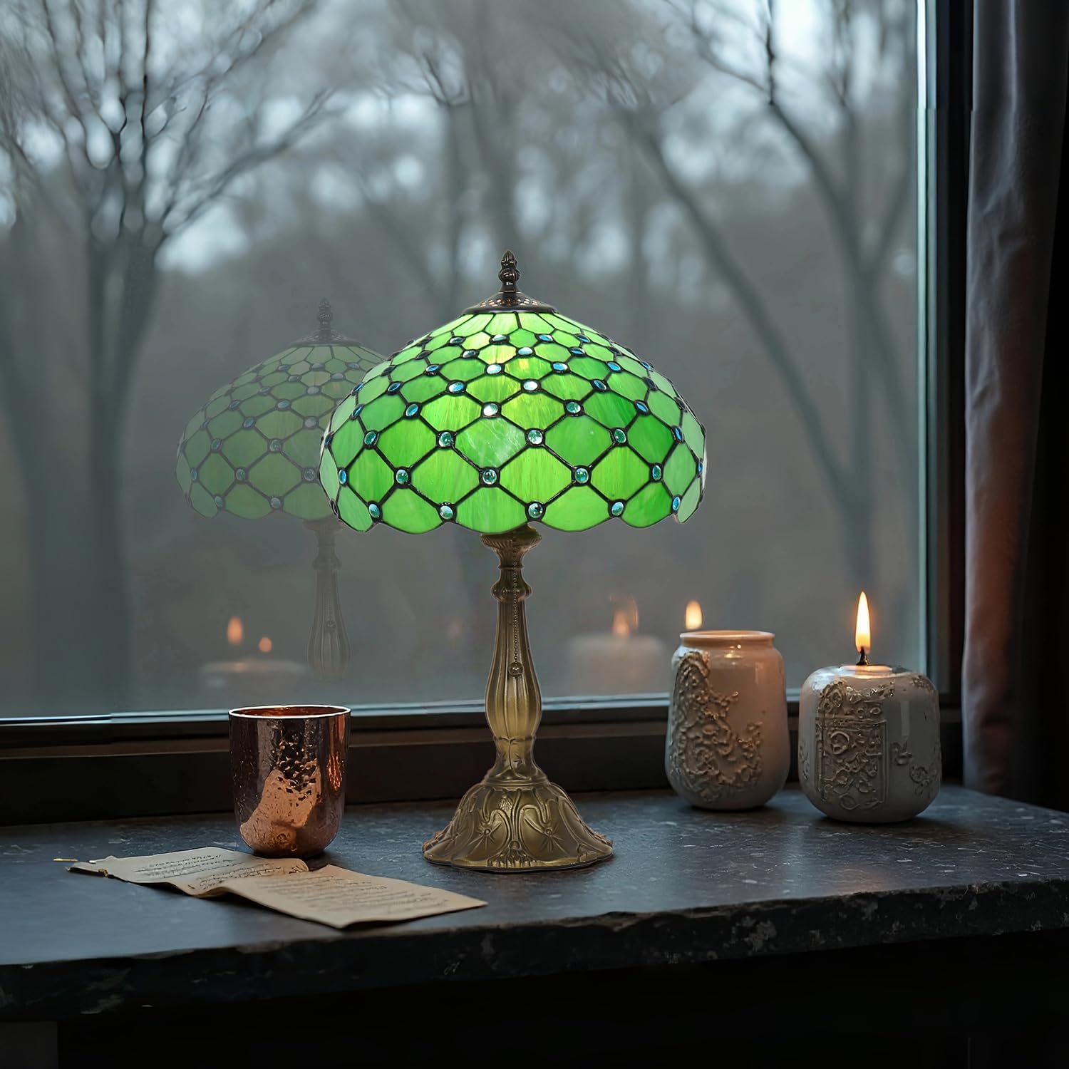 Stained Glass Table Lamp,Green Pearl Style Lamp,12X12X19 Inch Reading Light,Vintage Glass Desk Light for Living Room Bedroom