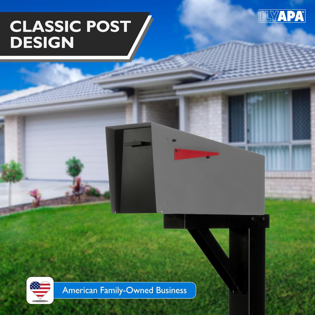 Ilyapa Modern 21' Mailbox & 43' Post Mount - Heavy Duty Black Metal Mail Box with Redwood Trim & Universal Post Sleeve for Curbside/Front Yard - Weather Resistant Outdoor Mailboxes