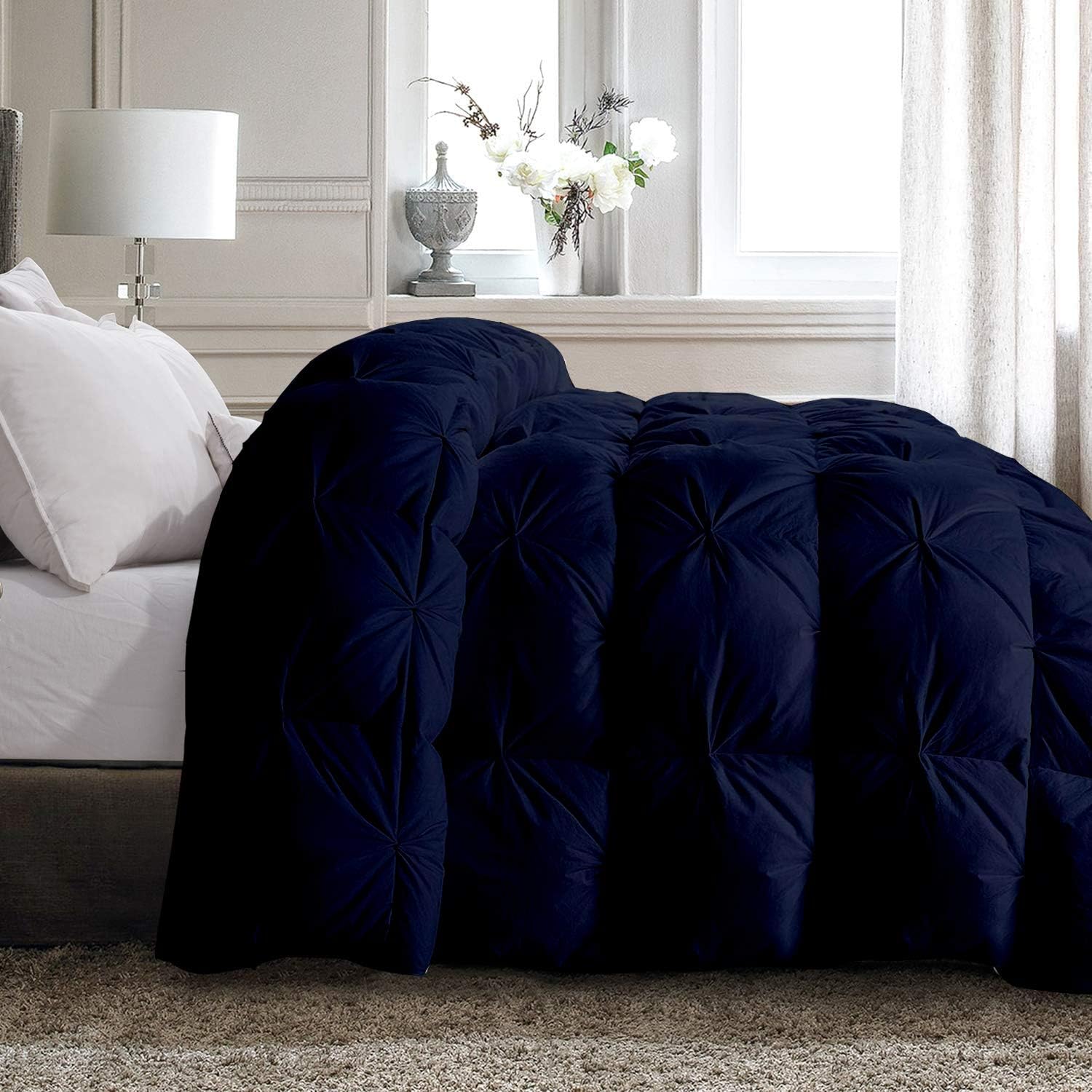 Pinch Pleated Soft 400 GSM All Season Navy Blue 5 Piece Queen Size Comforter Set (Comforter + 4 Pillowcases) 600 Series Egyptian Cotton Comforter Bedding Set