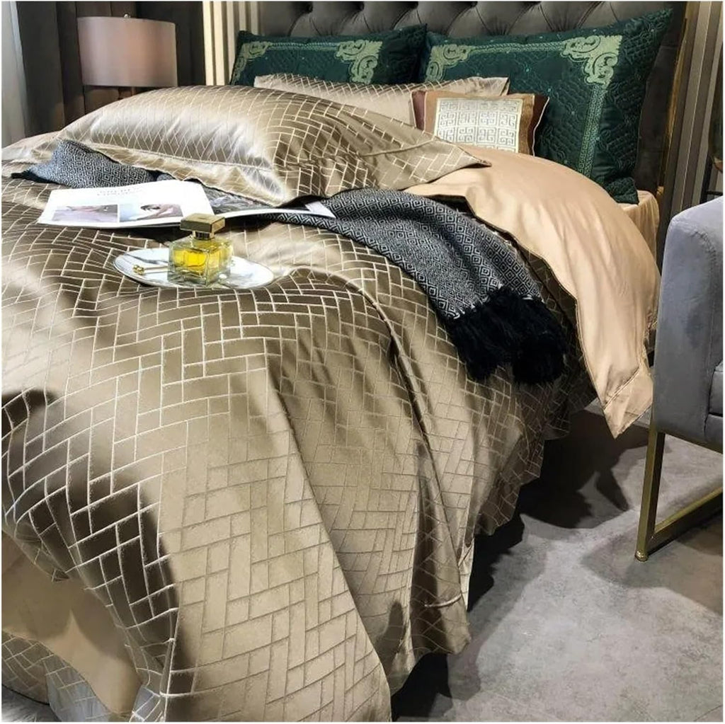 Luxury Black Gold Yarndyed Jacquard Egyptian Cotton Smooth Duvet Cover Queen King Bedding Set Flat Sheet Pillowcases, for All Seasons(Champagne Color,King)