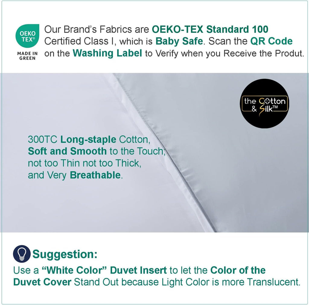 THE COTTON & SILK®️ 100% Luxury Long-Staple Cotton Duvet Cover Set - Soft & Breathable - Include 1 Duvet Cover with Corner Ties & Hidden Zipper, 2 Pillow Shams - Misty Blue + White, Queen Size