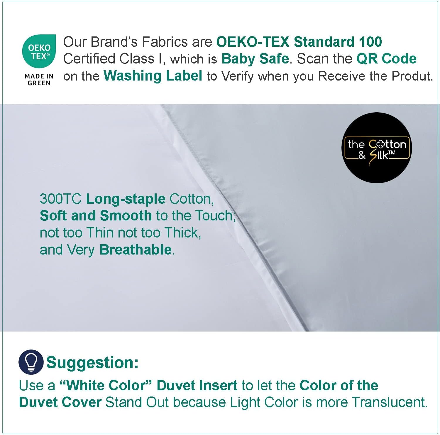 THE COTTON & SILK®️ 100% Luxury Long-Staple Cotton Duvet Cover Set - Soft & Breathable - Include 1 Duvet Cover with Corner Ties & Hidden Zipper, 2 Pillow Shams - Misty Blue + White, Queen Size