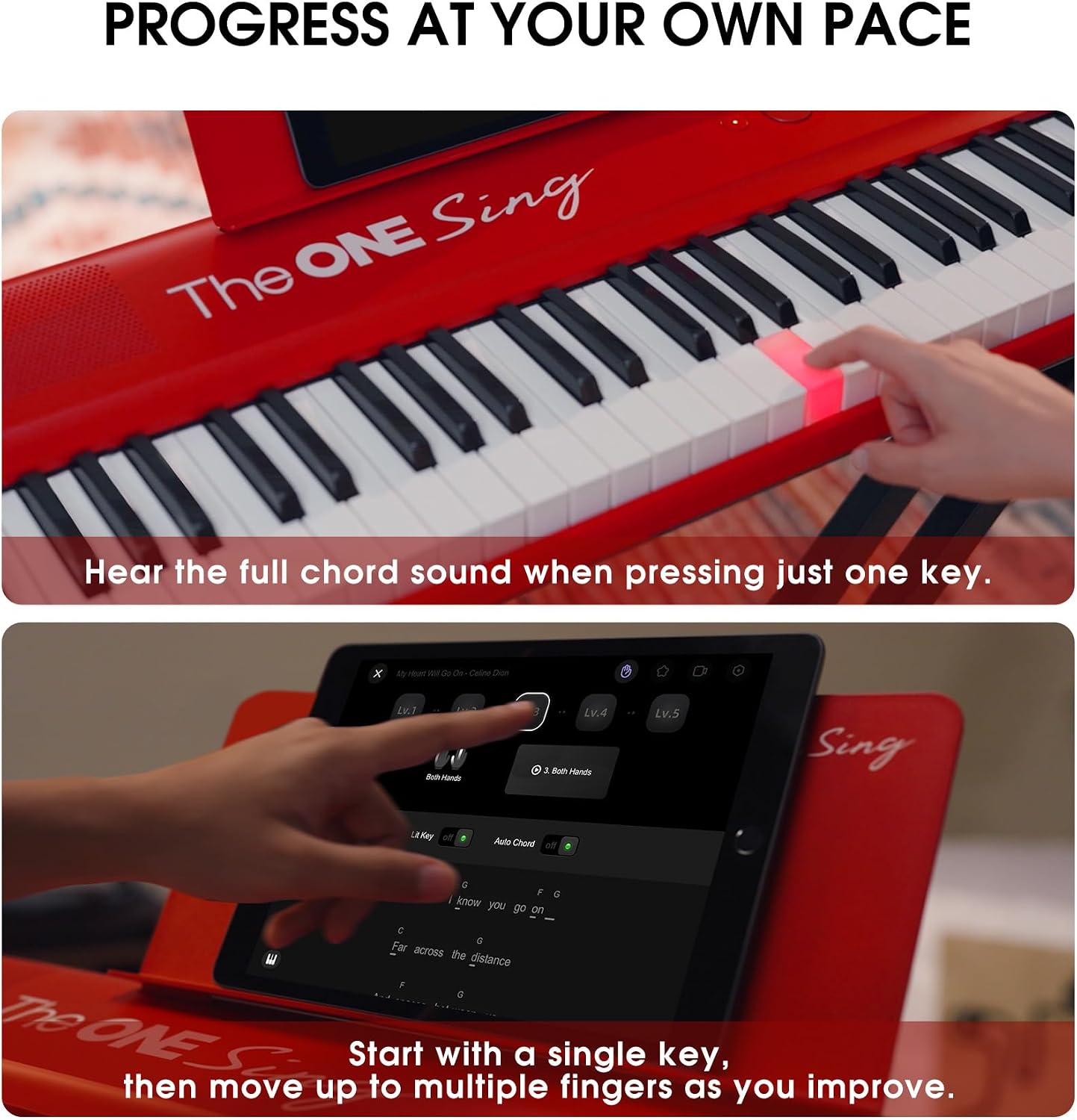 The ONE Keyboard Piano Sing, 61 Keys Piano Keyboard For Singing & Practice with Bluetooth, Sheet Music Stand and Huge Library of Songs for Sing-Along, Electric Piano For Music Lover & Beginner (Red)