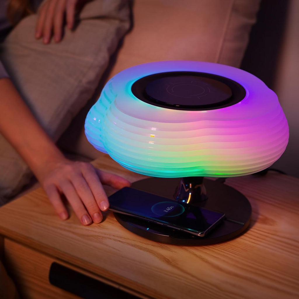 Bonsai Modern LED Bedside Smart Table Lamp with Built-in TWS Bluetooth Speaker and Qi Wireless Charger for Home and Office, Stepless Dimming with Sleep Mode (Clouds)