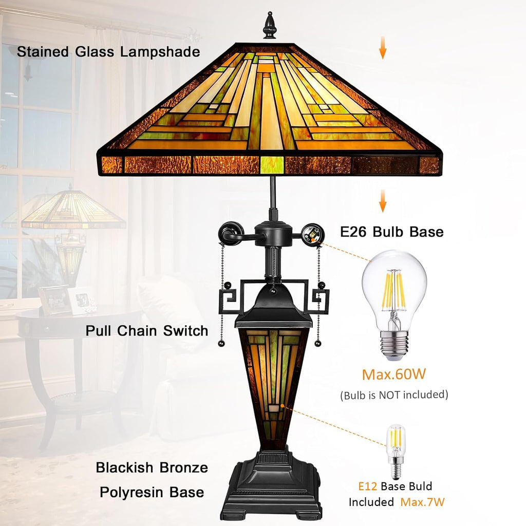 Capulina Tiffany Lamp Stained Glass Table Lamp 16X16X24 Inches Mother-Daughter Vase Amber Brown Mission Tiffany Style Desk Reading Lamp for Living Room Bedroom Study Home Office