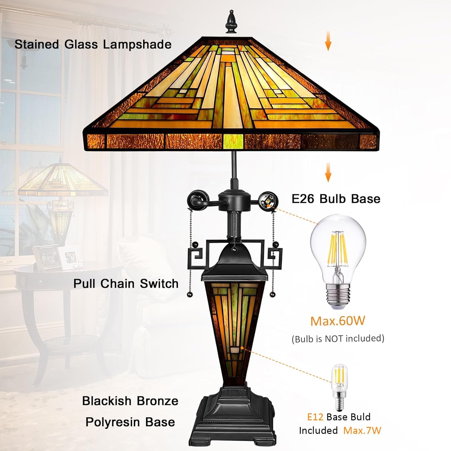 Capulina Tiffany Lamp Stained Glass Table Lamp 16X16X24 Inches Mother-Daughter Vase Amber Brown Mission Tiffany Style Desk Reading Lamp for Living Room Bedroom Study Home Office