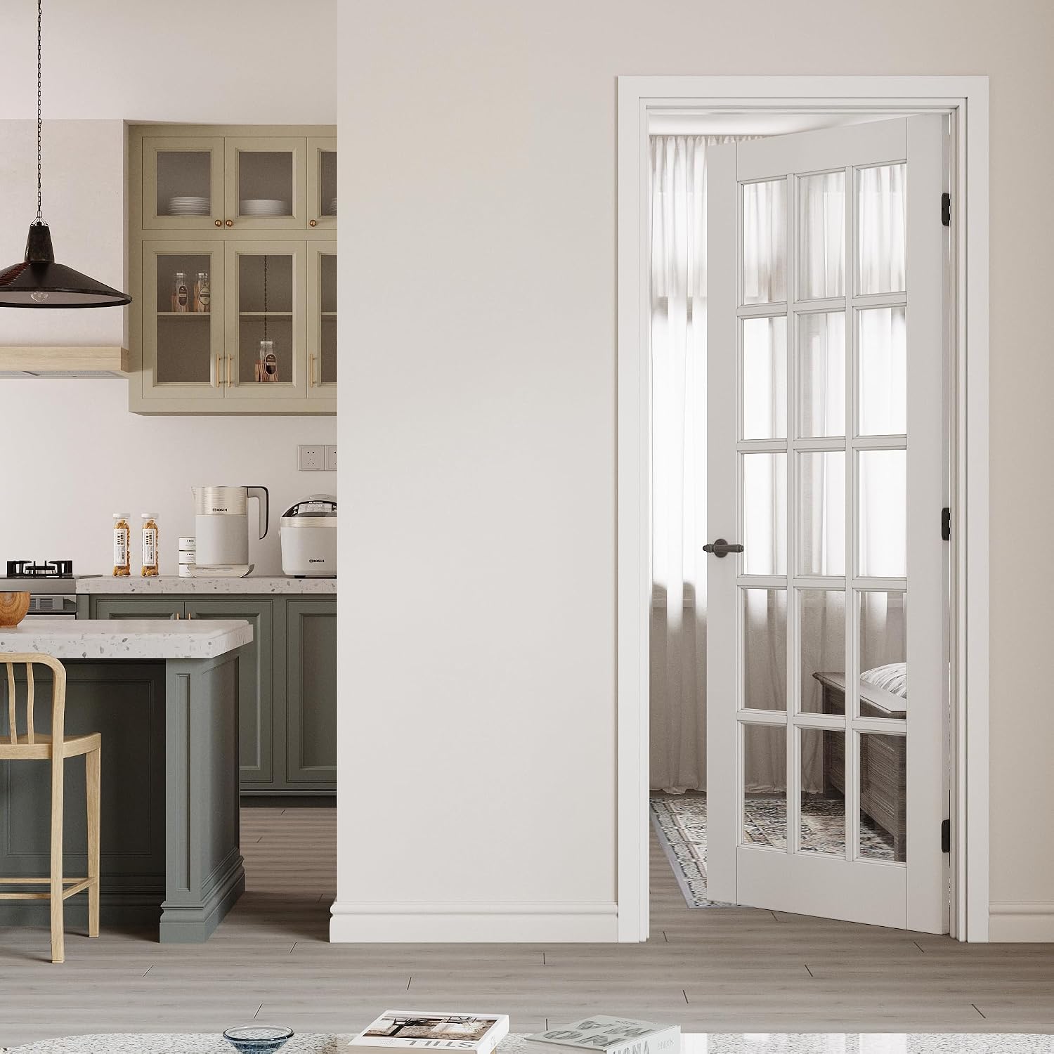 30' x 80' Prehung Door 15-Lite Tempered Clear Glass Slab Doors with Jamb Kit, Solid Core MDF Interior Door for Bathroom Pantry Laundry, Home Doors, Easy Assemble - Right Handed