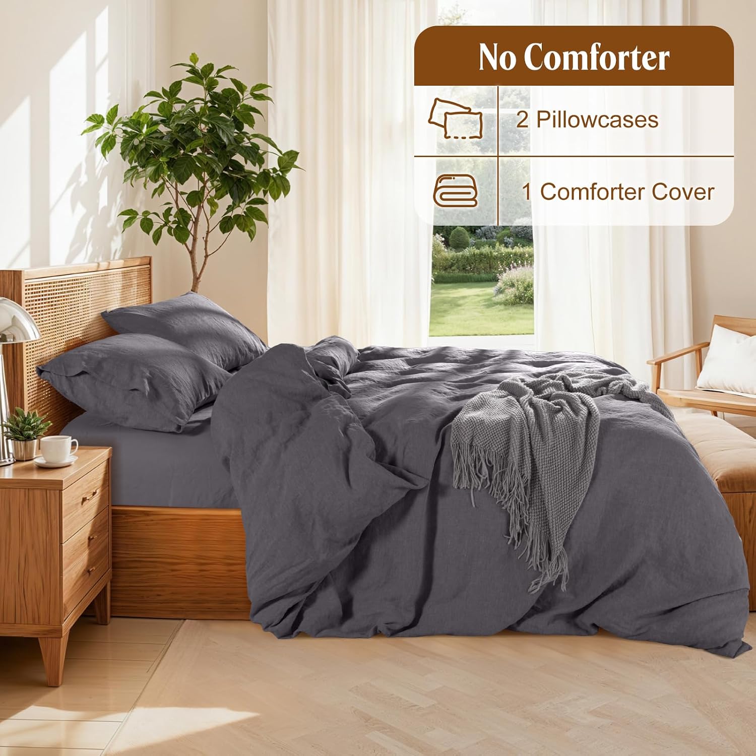 LBRO2M 100% France Linen Duvet Cover Set 3 Pcs Including 1 Flax Comforter Cover with Zipper Closure, 2 Pillowcase, Cozy Duvet Cover Queen Size, Dark Gray