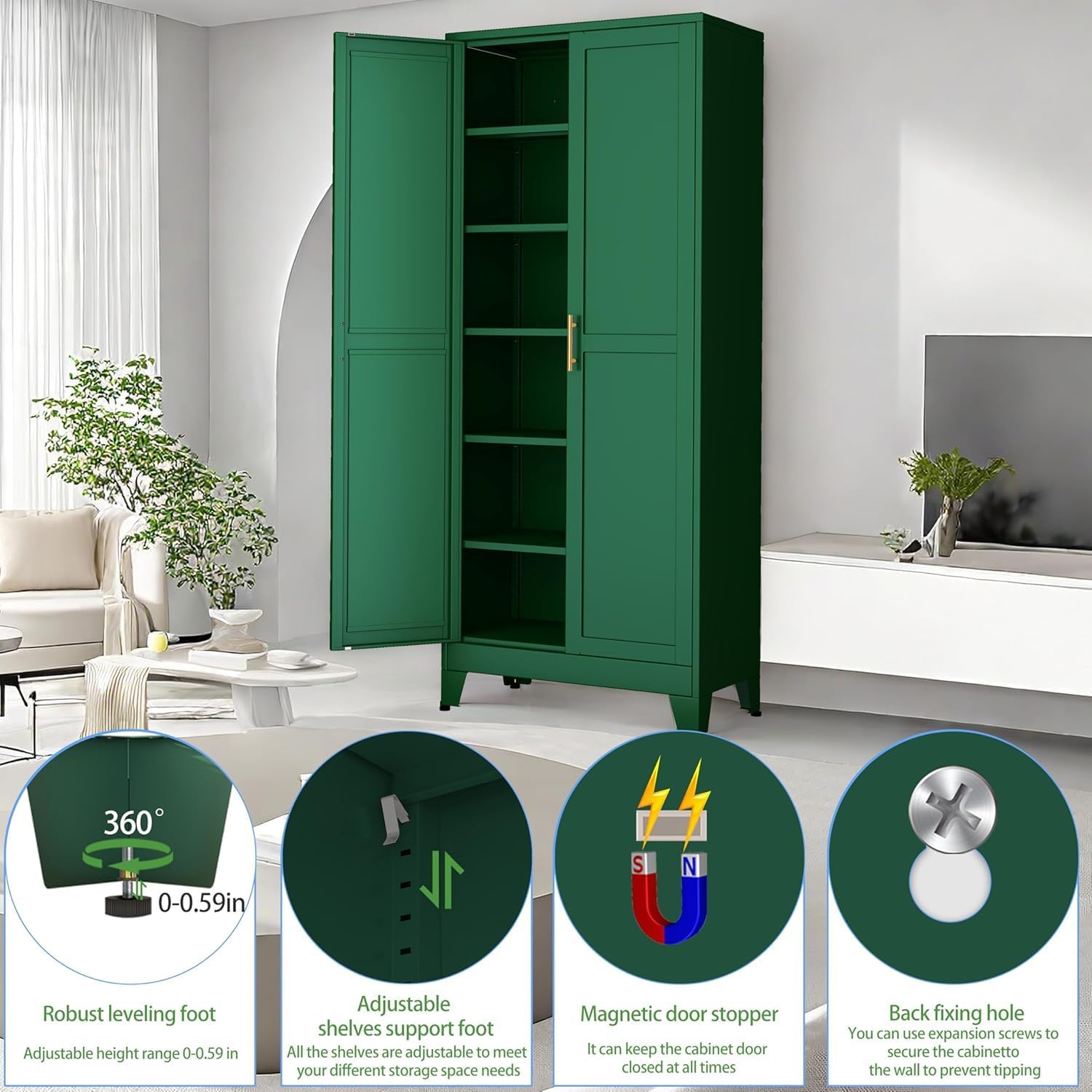 erosoei 75.2'H Metal Kitchen Pantry Storage Cabinet, Storage Cabinets with Adjustable Feet and Shelves,Food Pantries Cupboard for Kitchen, Living Room, Laundry Room and Dinning Room（Green）