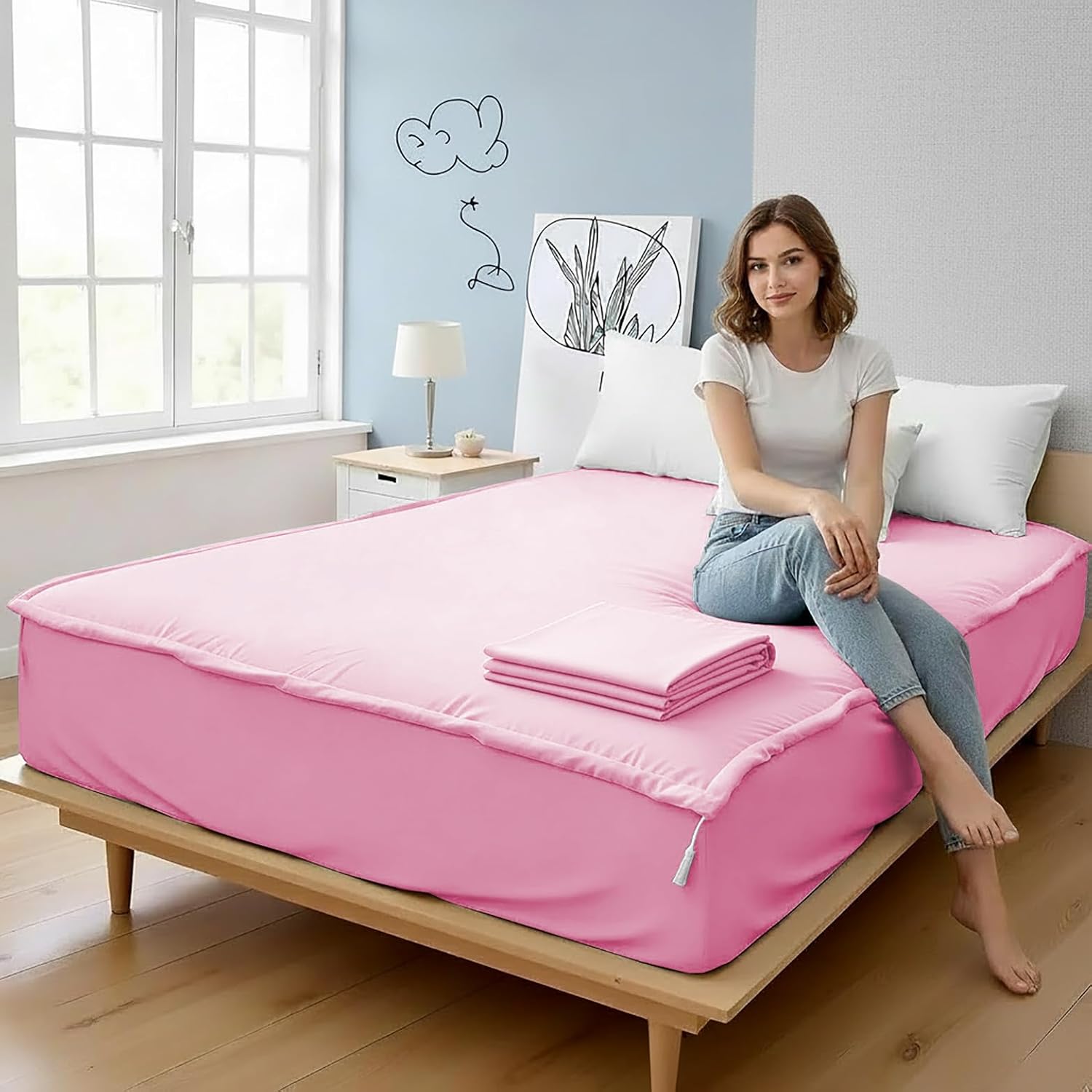 Zipper Fitted Sheet - Includes 1 Fitted Sheet Base & 2 Zip-On Sheets - Upto 16' in. Deep Pockets Queen Size Zipper Fitted Sheet - Easy to Change, Sateen Cotton 600 TC Fitted Sheet - Baby Pink