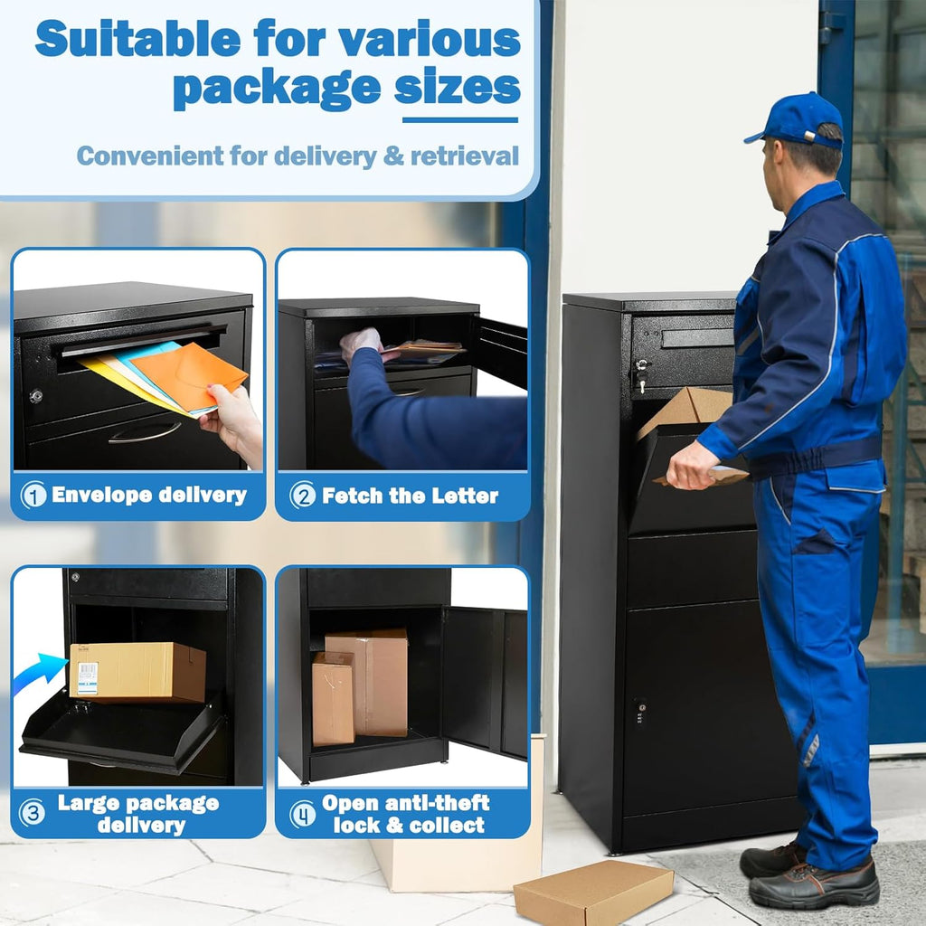 45' Package Delivery Box for Outside - Lockable Black Metal Parcel Drop Box, Anti-Theft, IPX4 Waterproof, Weather-Resistant Mailbox for Porch, Fence, Curbside (XXL: 45.1' * 14.37' * 19.1')