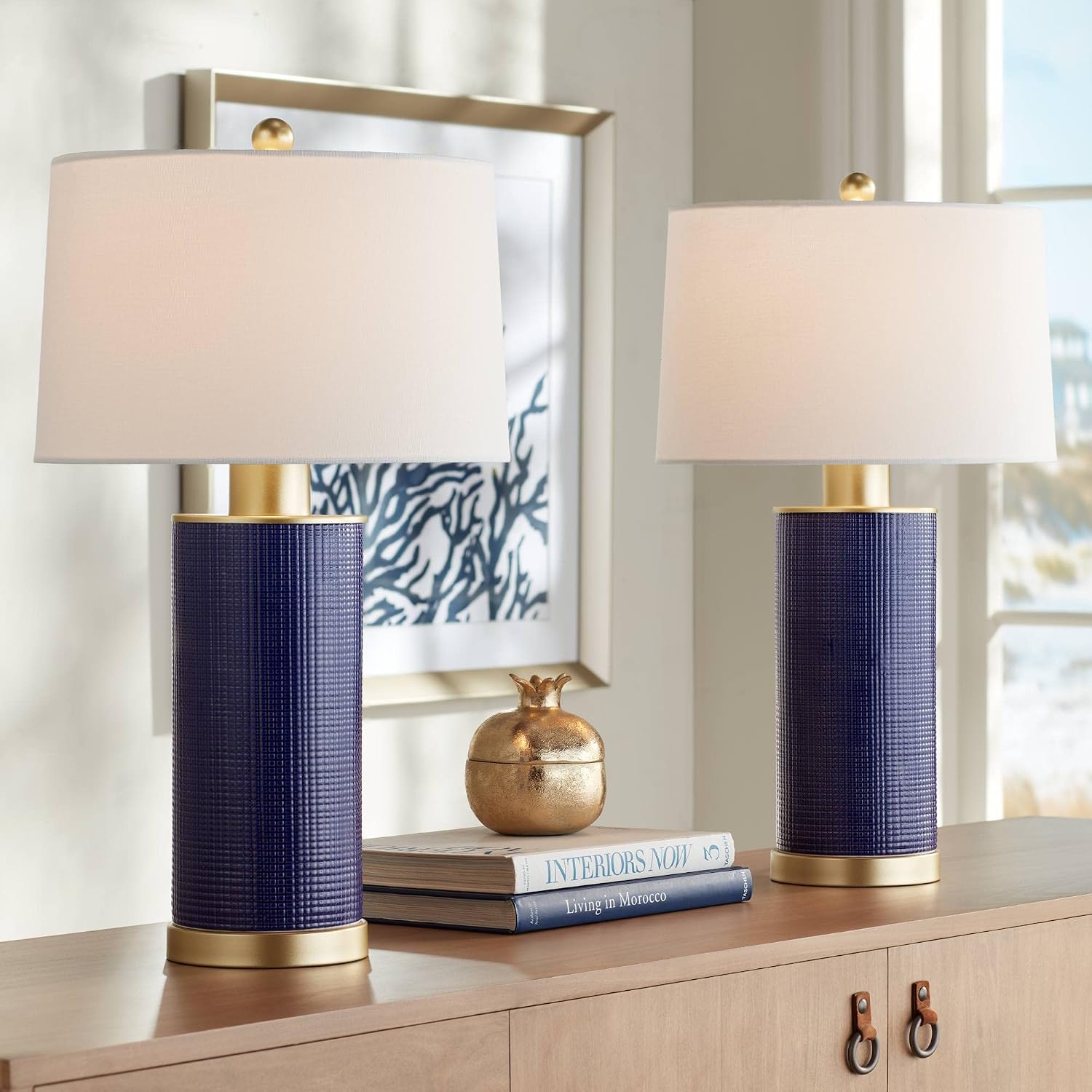 360 Lighting Gilson 24 1/2' High Modern Coastal Glam Table Lamps Set of 2 Gold Textured Blue Finish Ceramic Fabric White Shade Living Room Bedroom Bedside Nightstand House Office Home Reading