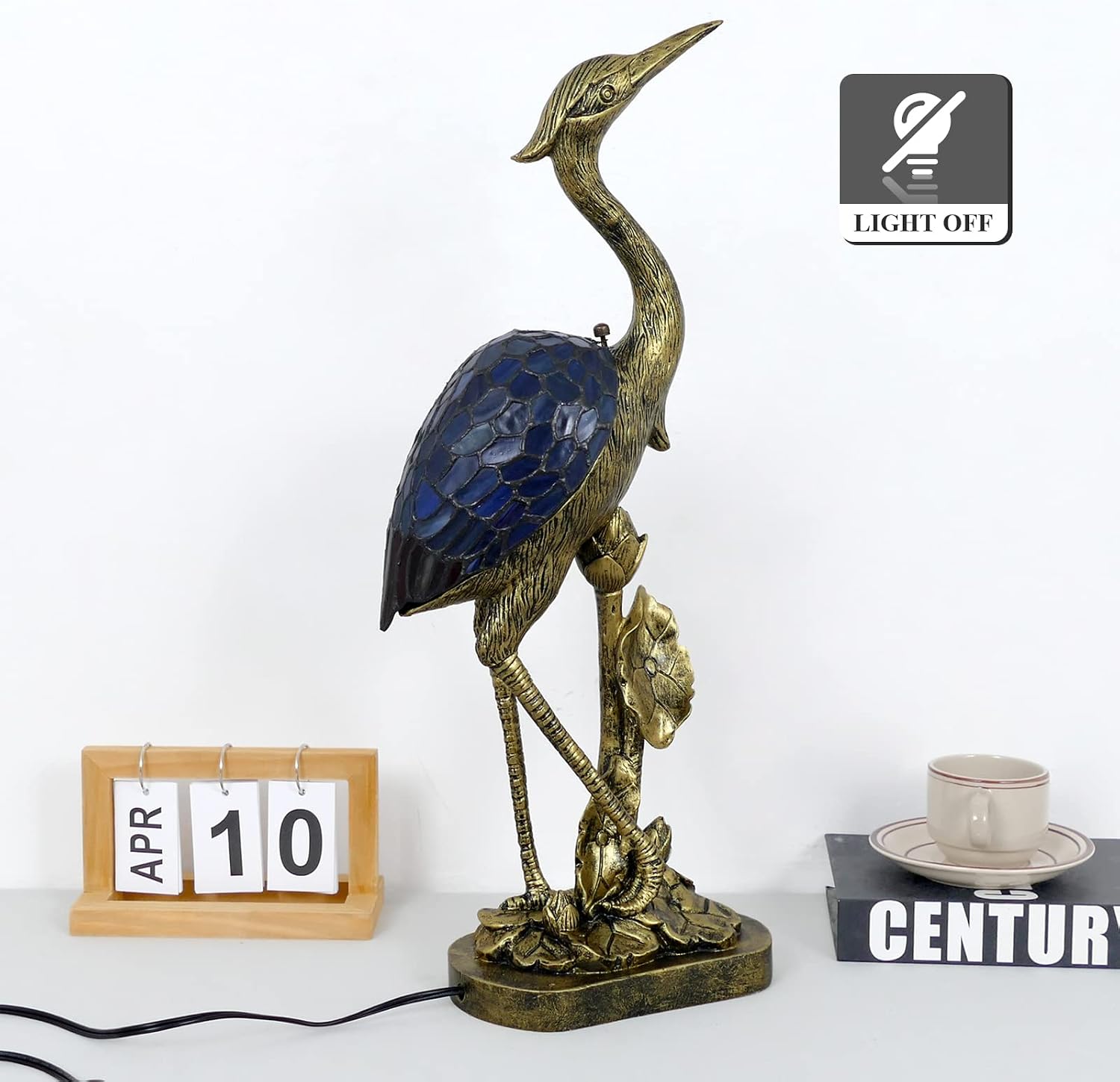 Tiffany Lamp Blue Stained Glass Crane Bird Style Table Lamp Desk Light 23.6 Inch Tall Vintage Tiffany Table Lamp for Bedroom Living Room Home Office, Color Changing LED Bulb Included