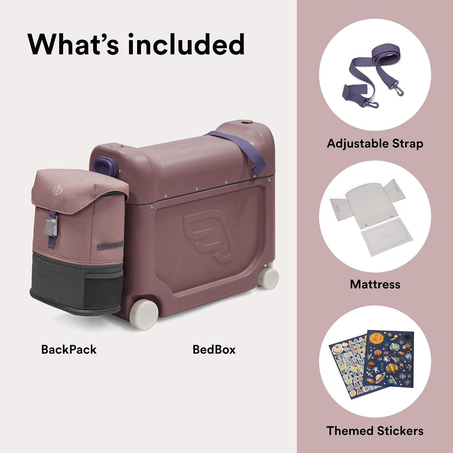 Stokke JetKids Travel Bundle, Hazy Lilac - Includes BedBox Ride-On Suitcase & Backpack - Best for Kids 2-7 Years Old (Up to 77 lbs)