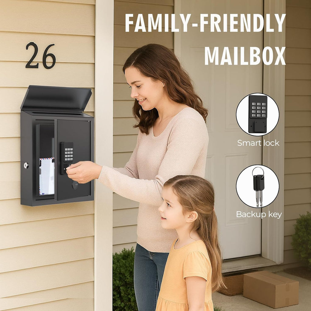 WeHere Mailbox with Electronic Lock, Wall Mount Locking MailBoxes for House, Metal Suggesion Box, Business Key Drop Box, OTP/Fixed Code/Key Unlock, Large Capacity, Black