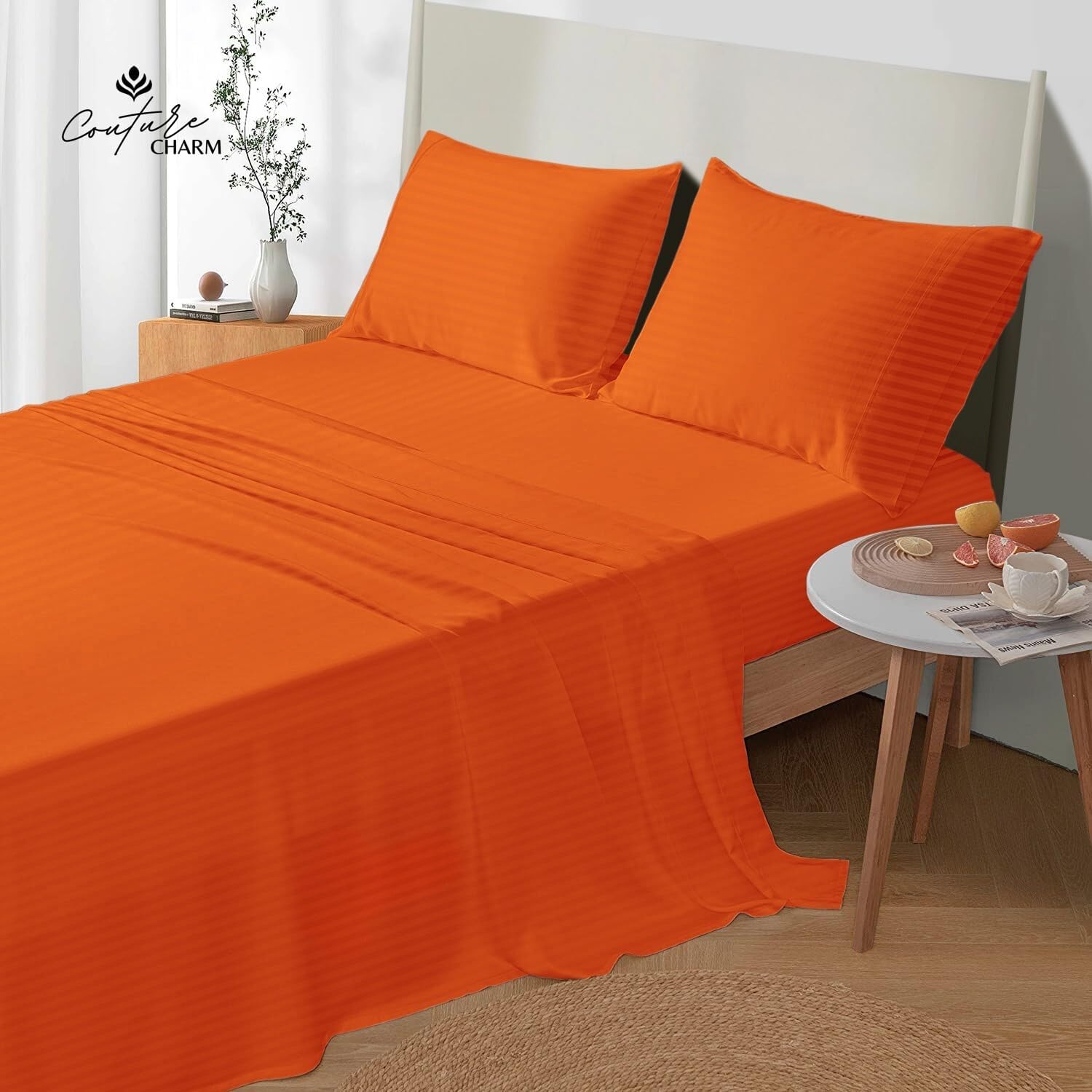 Queen Size 1000 Thread Count 100% Egyptian Cotton Sheet Set, 4-Piece, Sateen Weave, with 10-12' Deep Pocket Snug Fit (Stripe, Orange)