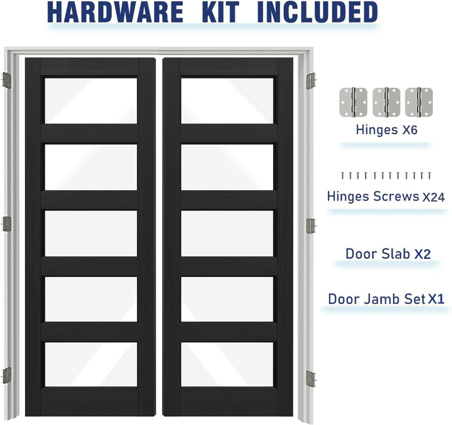 French Doors, 60' x 80', 5-Lite Clear Glass Black Pantry Door, Prehung Interior Door for Home and Laundry, Solid Core & MDF with Door Jamb & Hardware Kit - Easy to Install