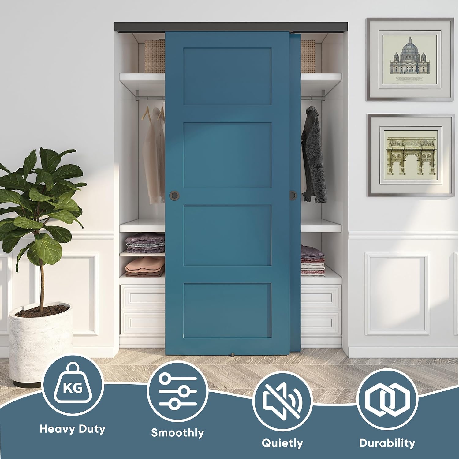 JUBEST 5FT/60 Heavy Duty Bypass Door Hardware with Soft Close Mechanism, Sturdy Closet Door Track for 2 Door System, Quietly and Smoothly, Fit Door Thickness 1 3/8' or 1 3/4', Easy to Install, Black