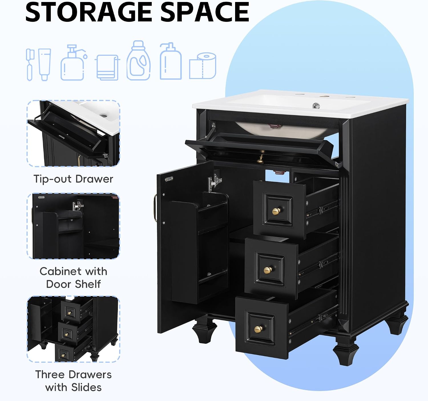 Harper & Bright Designs 24' Bathroom Vanity with Sink, Free Standing Vanity Set with Flip-Out Drawer, 3 Drawers & Storage Cabinet, Wood Bathroom Cabinet with Ceramic Basin for Bathroom, Black
