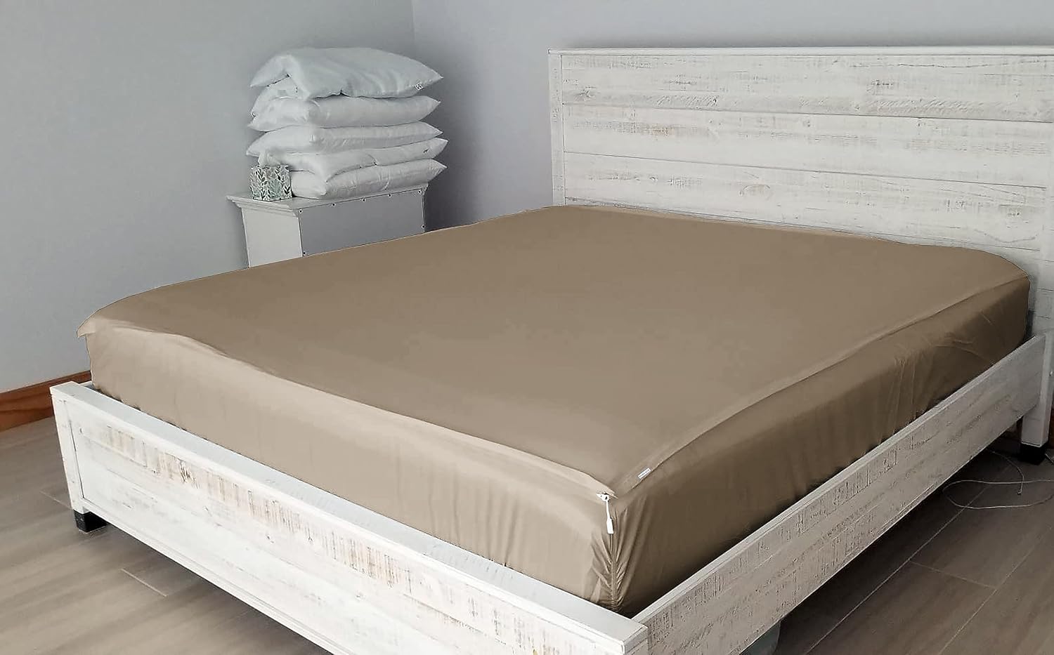 Zip On Sheets Cal King Zipper Fitted Sheets 72X84 - Includes 2 Zip On Sheet & 1 Fitted Sheet Base - 8' to 16' Inch Deep Pocket Zipper Sheets - Faster & Easier Microfiber Cal King Size - Baige
