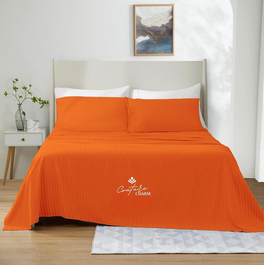 Queen Size 1000 Thread Count 100% Egyptian Cotton Sheet Set, 4-Piece, Sateen Weave, with 10-12' Deep Pocket Snug Fit (Stripe, Orange)