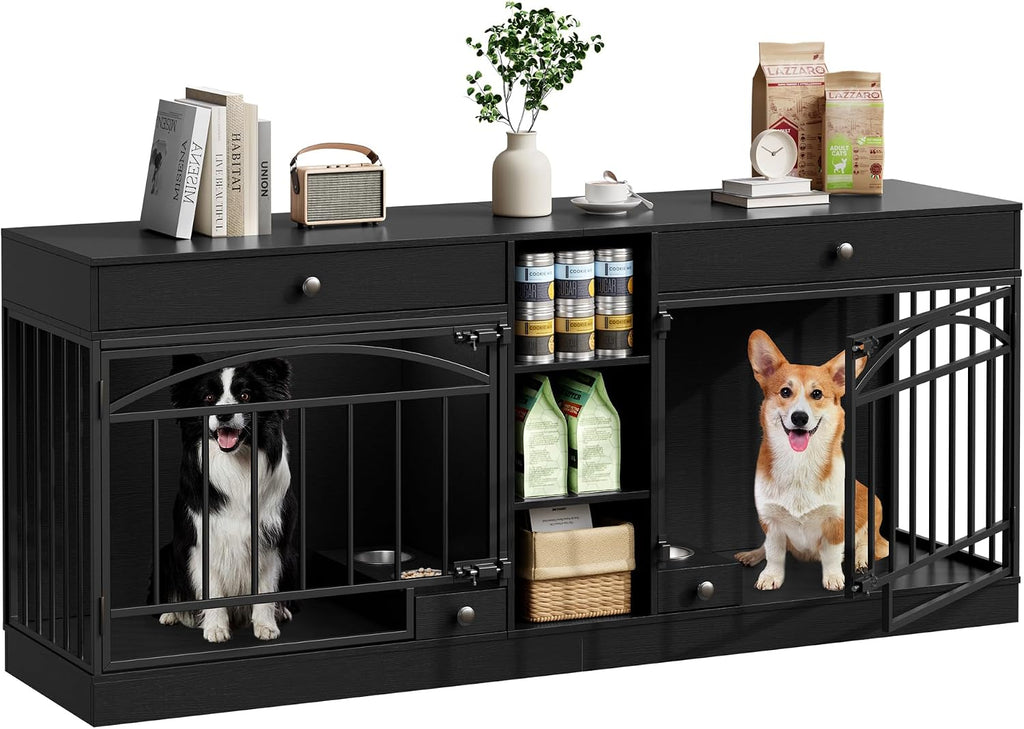 Garvee Dog Crate Furniture for 2 Dogs, Dog Kennel Indoor with Storage and Feeding Bowls, Double Dog Crate TV Stand for Small Medium Dogs, Black
