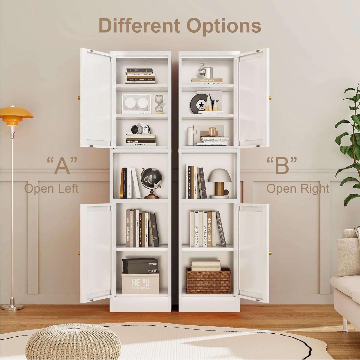 Metal Bathroom Storage Cabinet, 67' Tall Narrow Freestanding Floor Cabinet with Adjustable Shelves and Open Compartment, Slim Metal Locker for Laundry, Kitchen, Dining Room