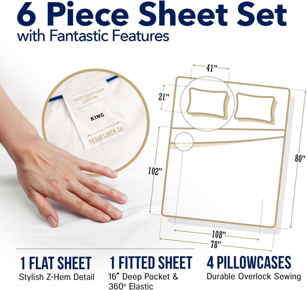 TEXAS LINEN CO. 100% Egyptian Cotton King Size Sheets Set - Luxury 1000 Series Lonestar Lovin' Collection Bed Sheets King Size (6 PC, White), Cooling, 16' Deep Pocket Extra Long Staple Hotel Sheets