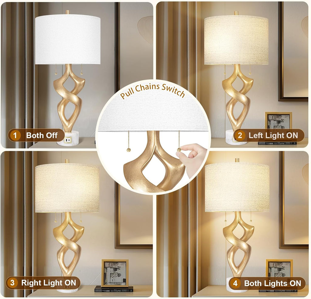 Scenekoy Sculptural Resin Table Lamp Set of 2 with USB Ports for Bedroom Living Room, 31' Big Gold Leaf Marble Base Bedside Lamps, Pull Chains Switch Modern Nightstand Lamp for Home Room Decor