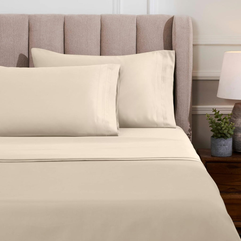 Superior Egyptian Cotton 4 Piece Sheet Set, Luxury 1000 Thread Count, Modern Design, Sustainable Sheets, Ultra-Soft Basics, Solid, Deep Pocket Fitted Sheet, Flat Sheet, Pillowcases, Queen, Ivory