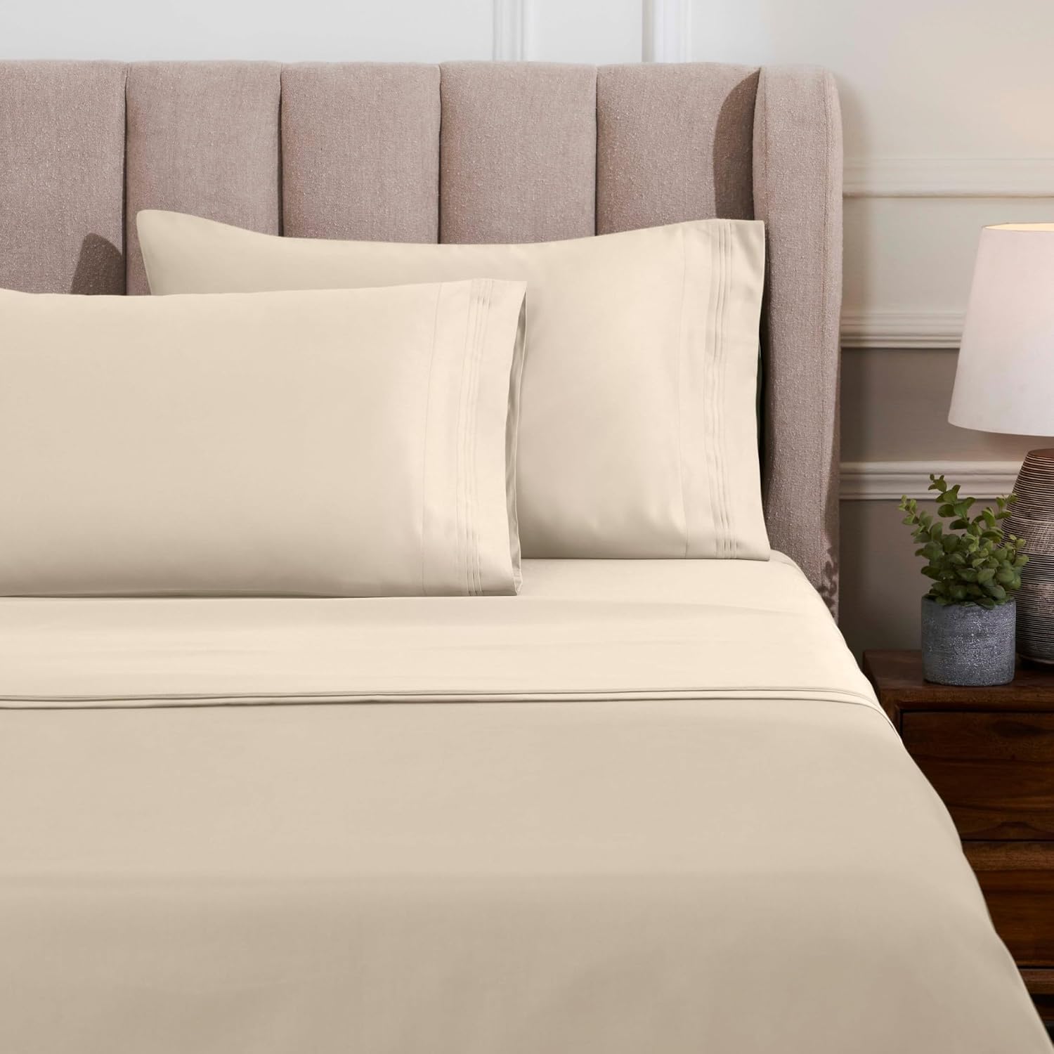 Superior Egyptian Cotton 4 Piece Sheet Set, Luxury 1000 Thread Count, Modern Design, Sustainable Sheets, Ultra-Soft Basics, Solid, Deep Pocket Fitted Sheet, Flat Sheet, Pillowcases, King, Ivory