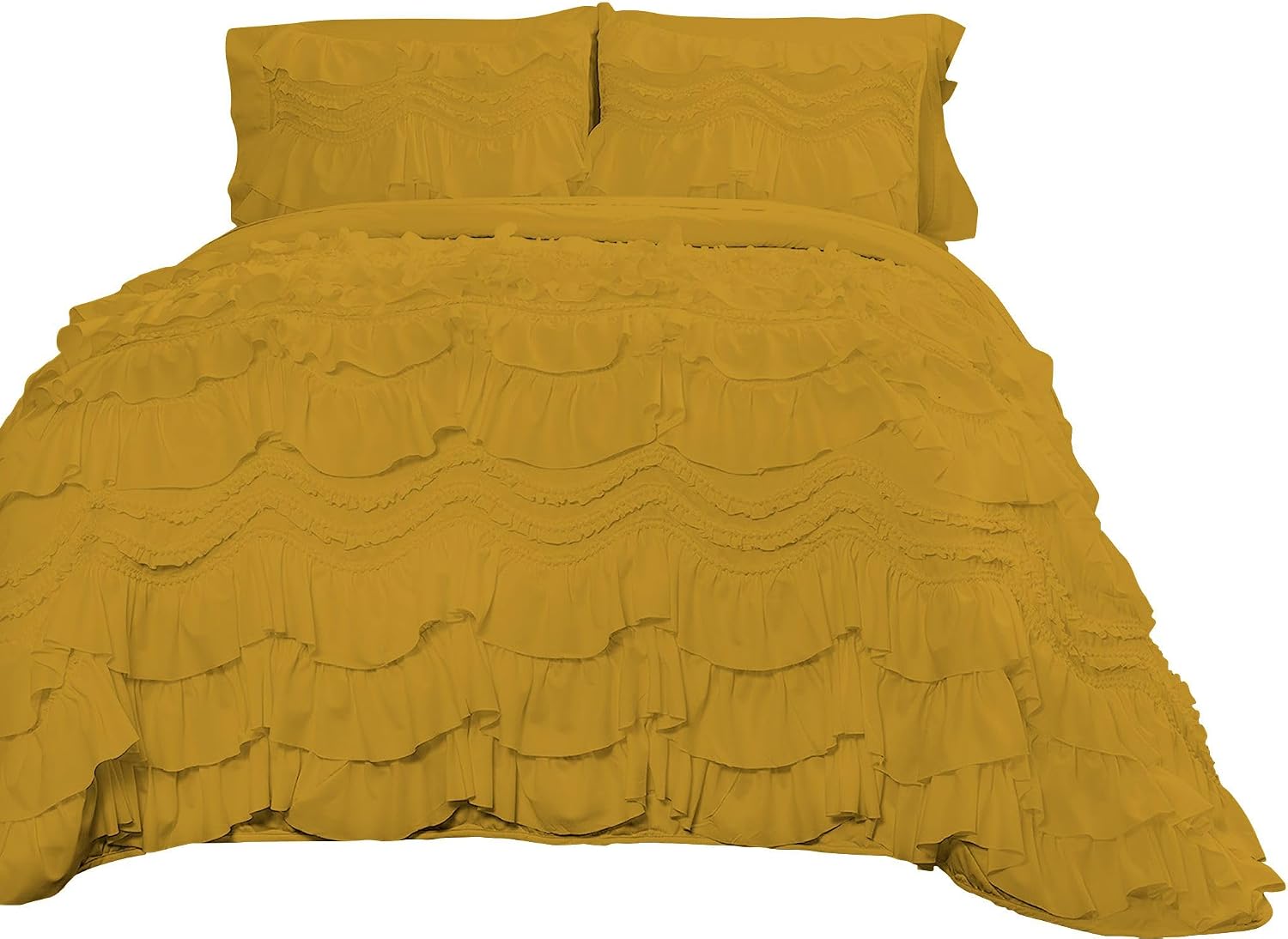 100% Egyptian Cotton, 550 GSM Microfiber Filled Quilt Ruffled Textured 3 Piece Full/Queen Size Comforter Set, Golden