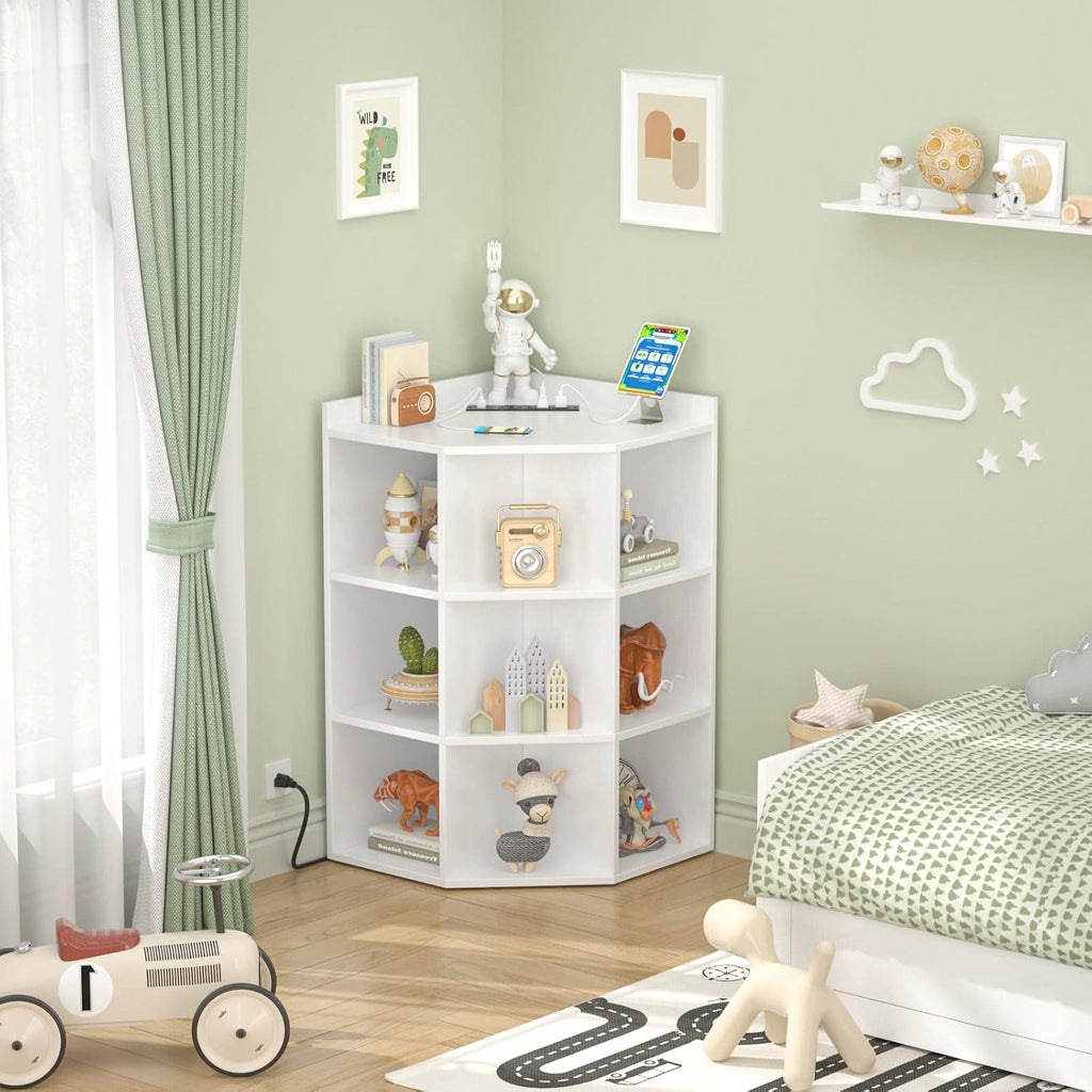 Aheaplus Corner Cabinet, White Corner Storage with USB Ports and Outlets, Corners Cube Toy Storage for Small Space, Wooden Cubby Corner Bookshelf with 9 Cubes for Bedroom, Living Room, Office, White
