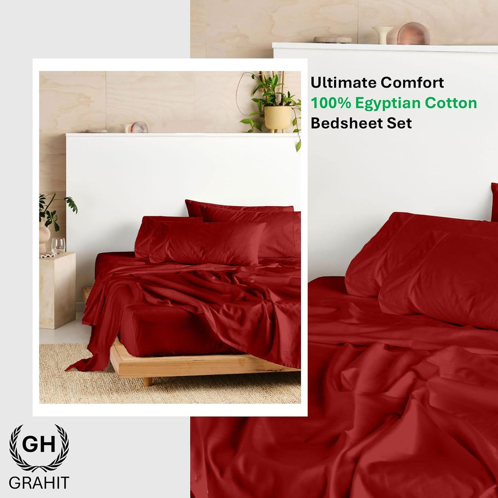 100% Egyptian Long Staple Cotton Bedsheet Set, 800 Thread Count, 6-PC Sheets Set, Burgundy Color, Queen Size, 15 Inch Deep Pocket of Fitted Sheet, Soft Sateen Weave Breathable