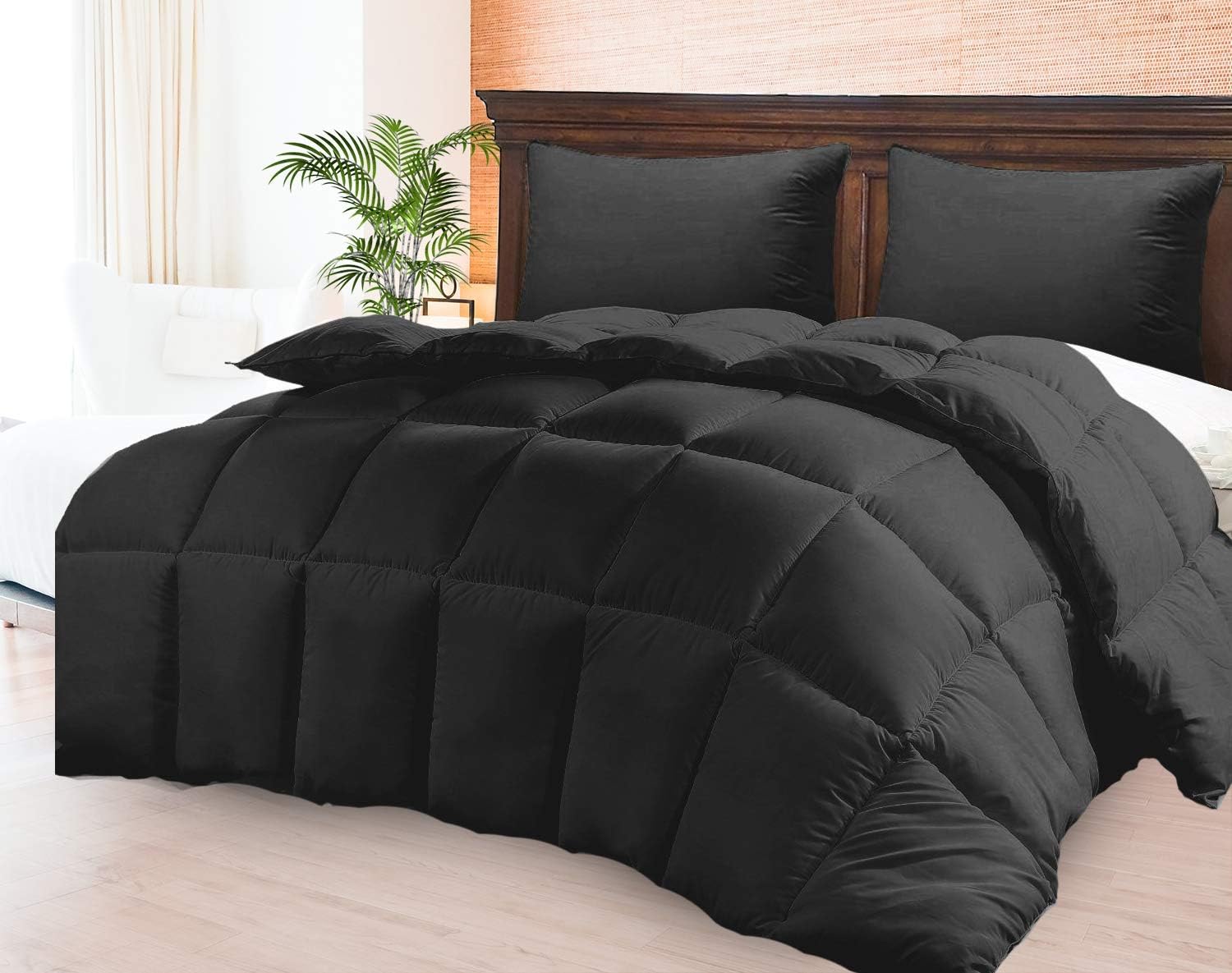 Soft 1000 TC Goose Down Alternative Egyptian Cotton Comforter Set (Comforter + 2 Pillow Cases) 400 GSM Over-Size Queen Black 98'' x 98''