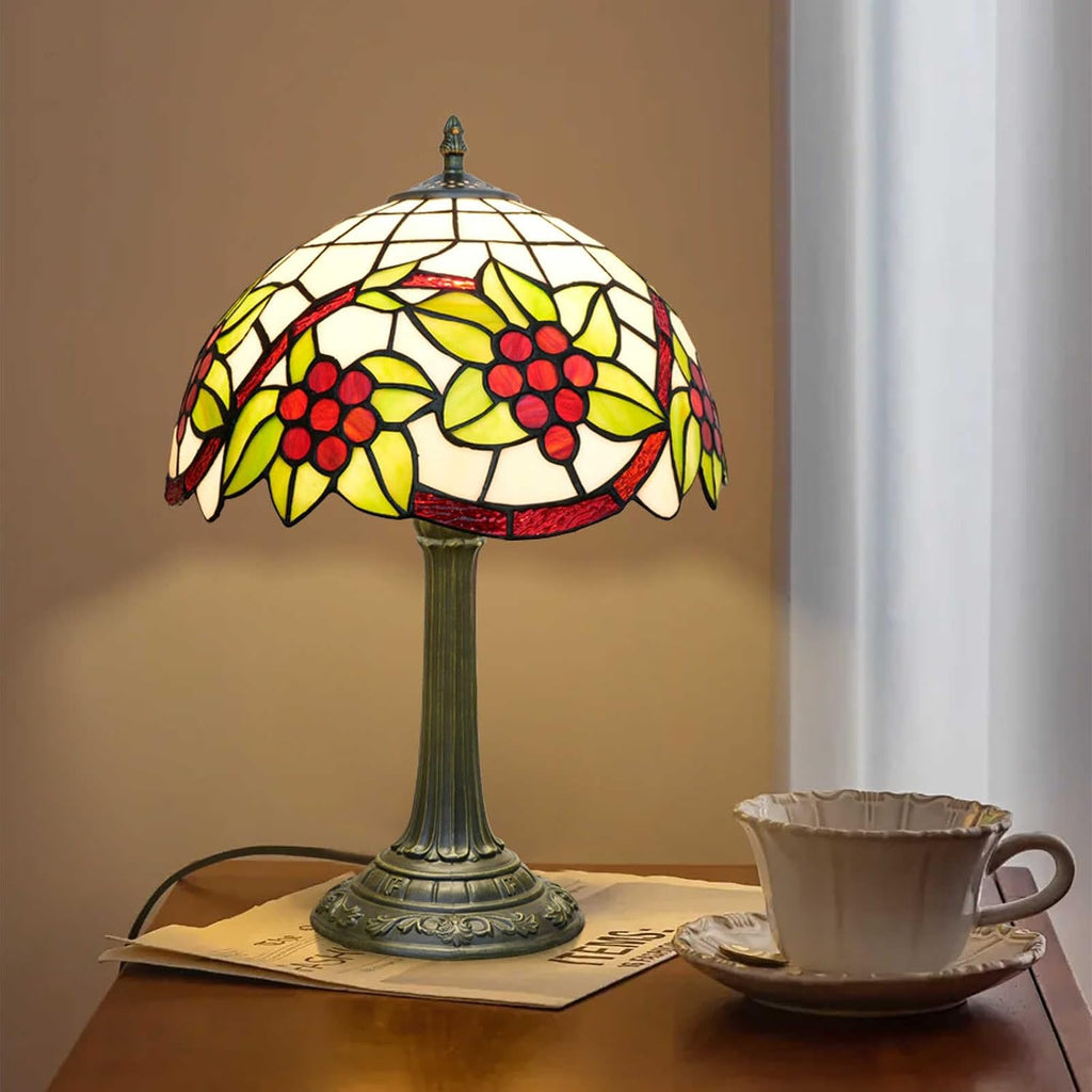 Tiffany Style Table Lamp with Green Leaf Red Grapes Stained Glass Lamp 12 Inch for Bedroom Bedside Lamp Kitchen Living Rooms end Bar Hotel Reading Vintage Art Lampshade Decor LED Desk Light
